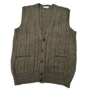 Vintage Wool Cableknit Button Up V-Neck Vest Preppy Academia Heritage Green, M